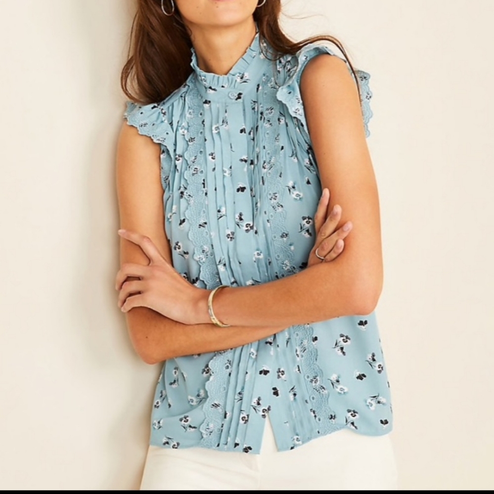 Ann Taylor Floral Pleated Ruffle Neck Shell